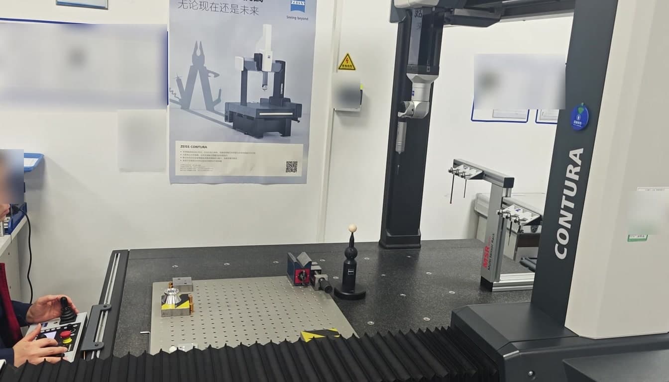 Coordinate measuring machine inspecting a machined part in the metrology lab