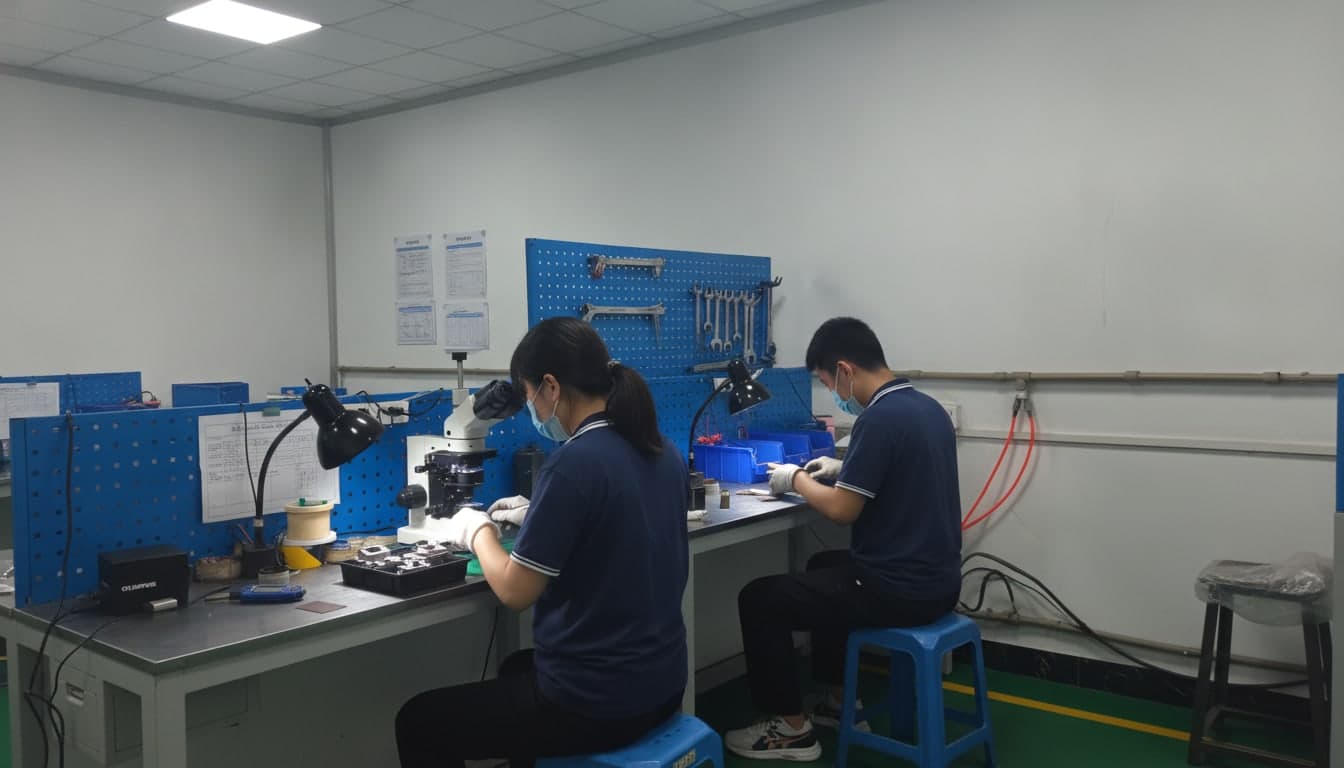 Inspector examining a machined part under a stereo microscope