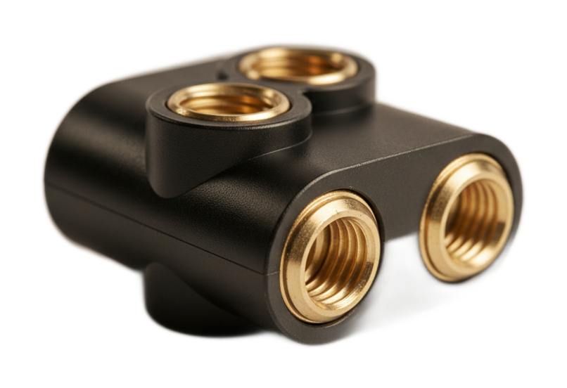 Insert-molded plastic part with brass threaded inserts