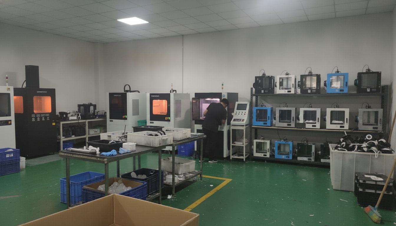 Room of enclosed 3D printers on the production floor