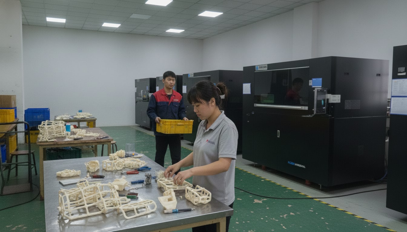 3D printers beside a table of freshly printed parts