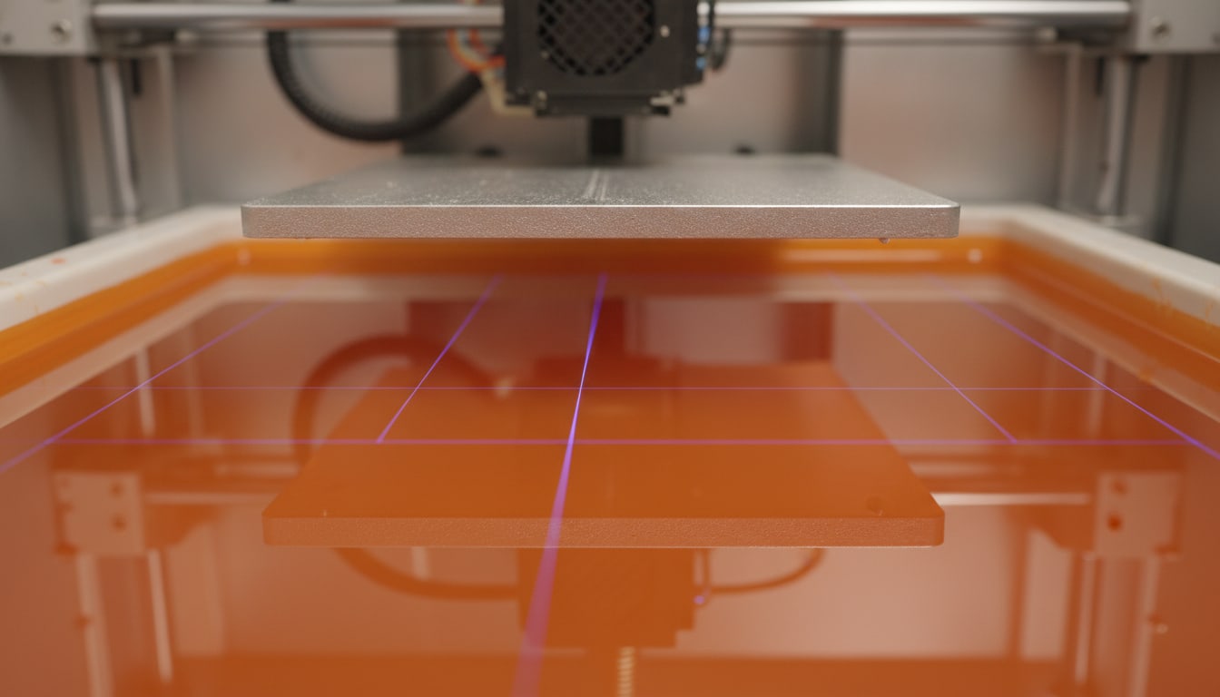Close-up of an SLA stereolithography resin vat during a print