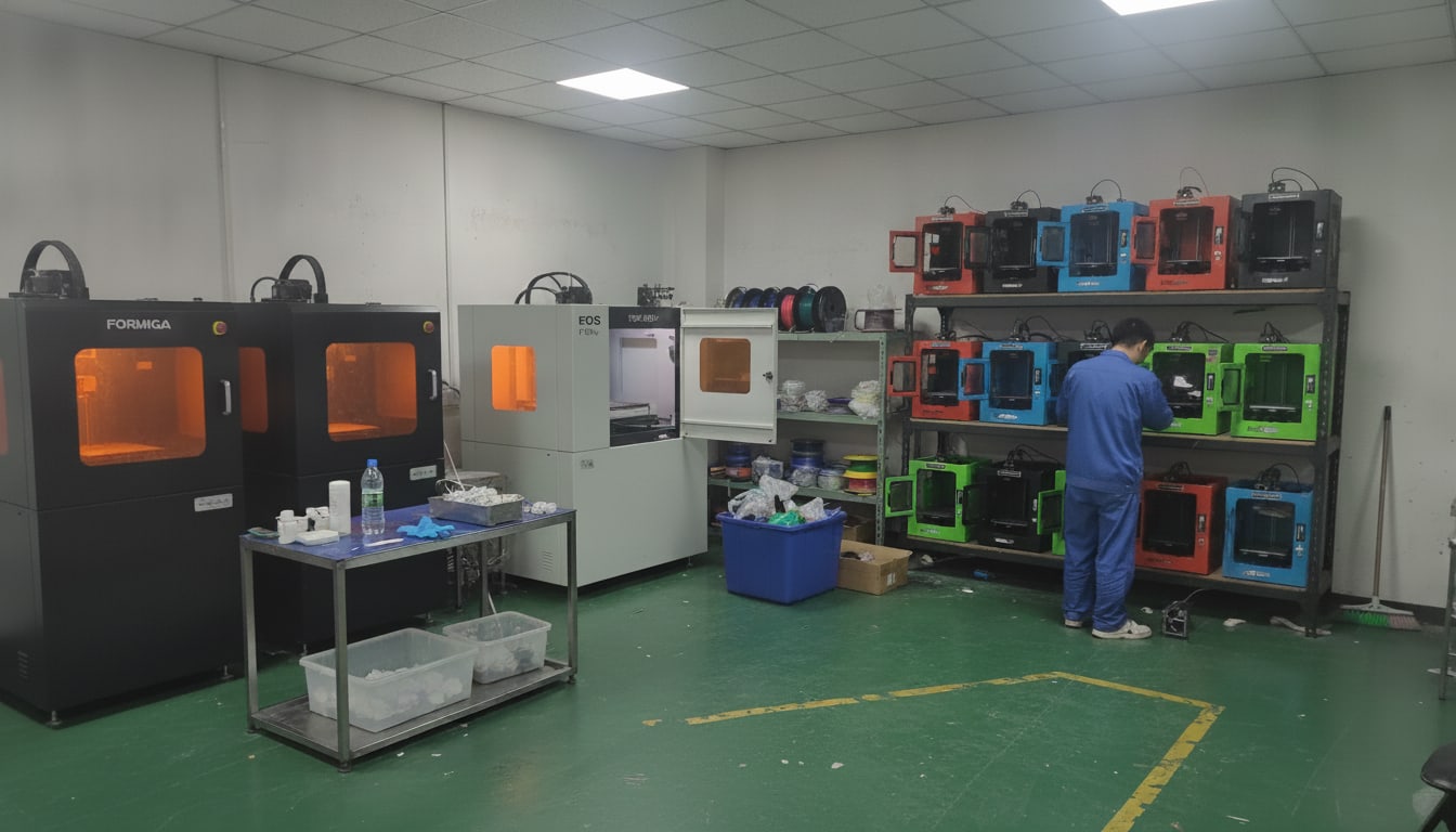 3D-printed parts at a post-processing and inspection bench