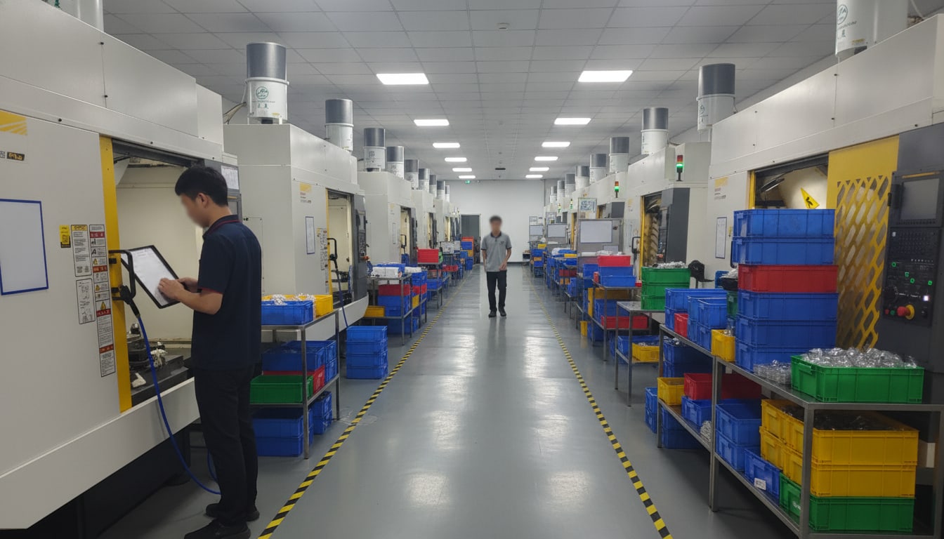 CNC machining production floor with vertical machining centers in operation