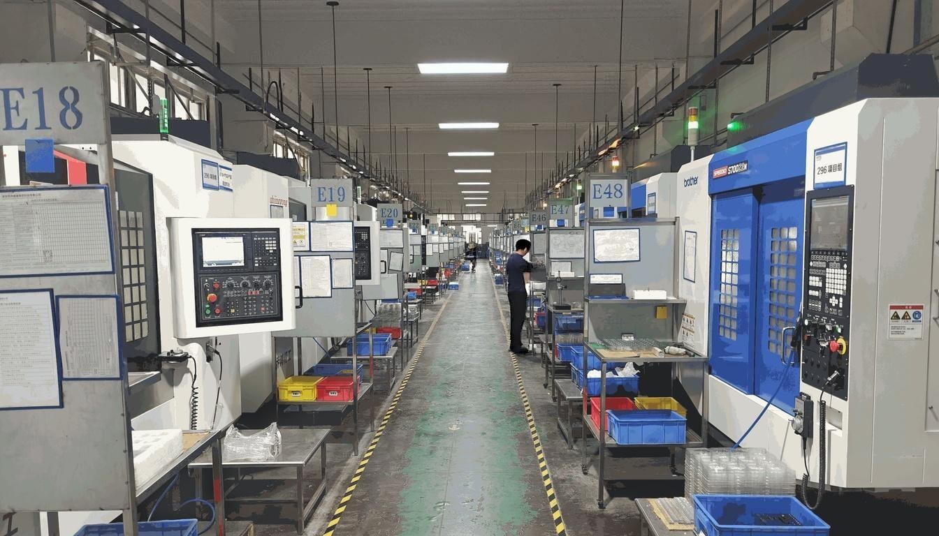 Row of CNC machining centers on the production floor