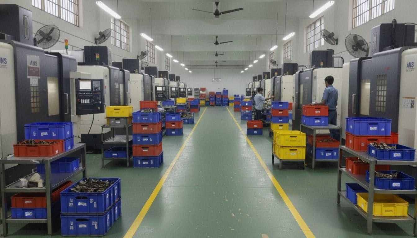 Bright machine shop with CNC machining centers and parts bins