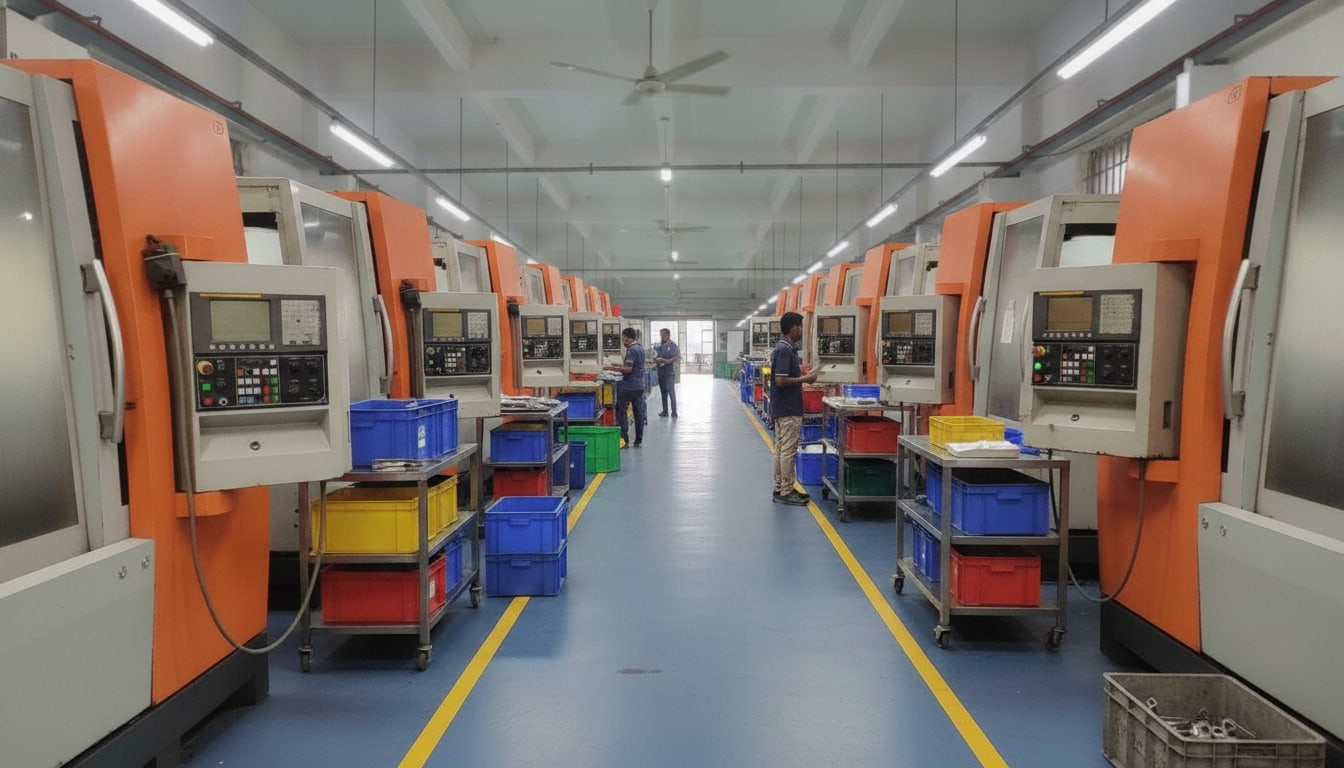 CNC machining centers lined up along the production aisle