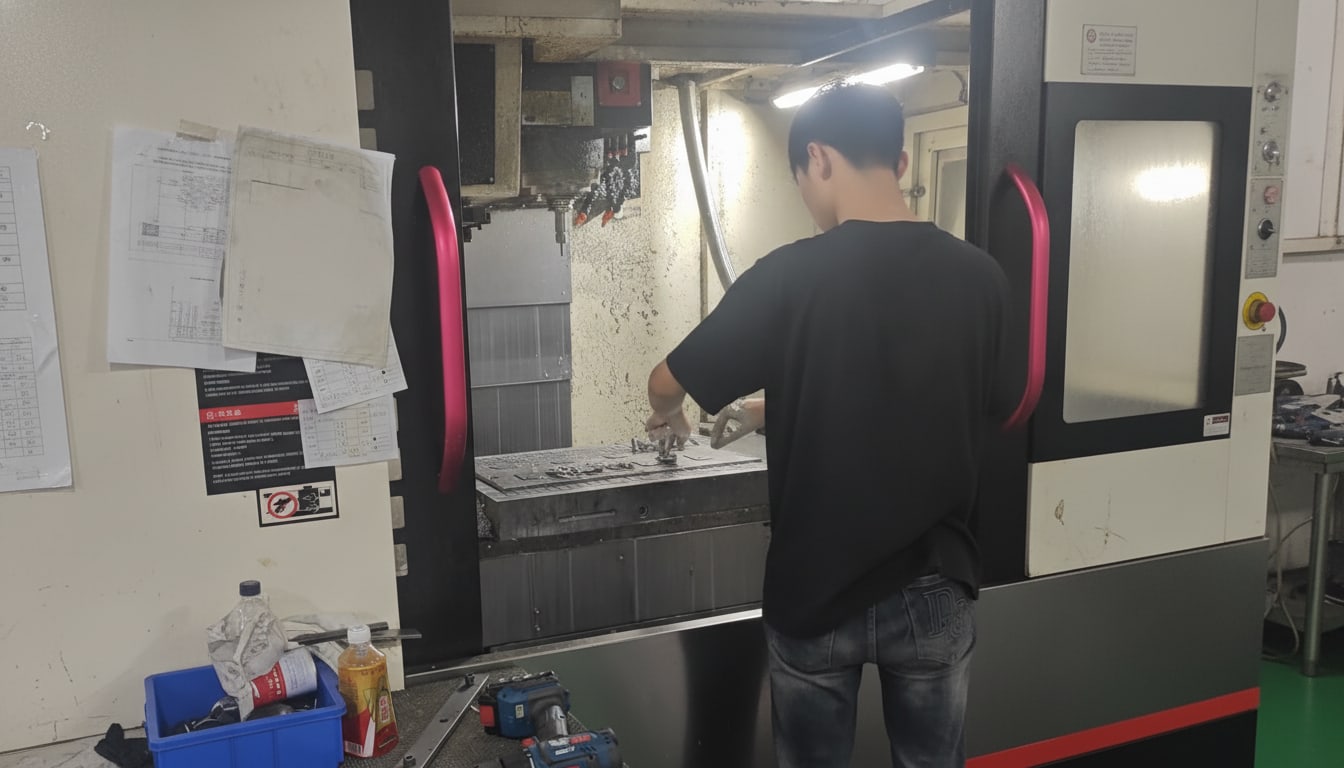 Machinist loading a part into a CNC machining center on the workshop floor