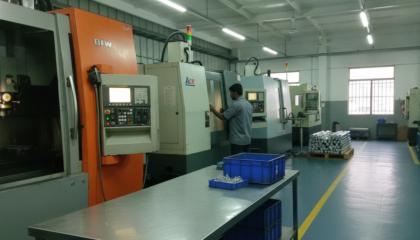 Machinist at the control panel of a CNC machining center