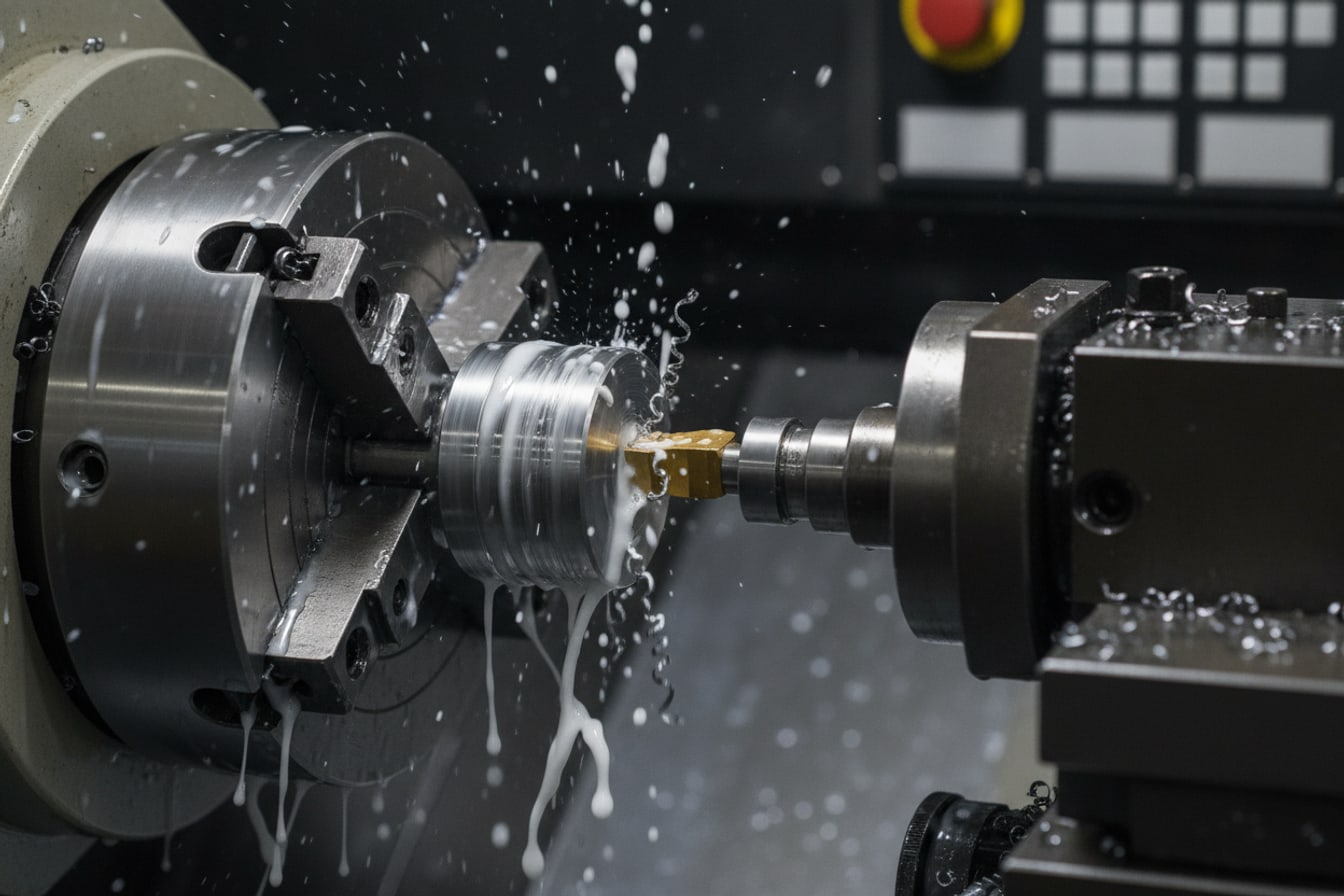 Close-up of a CNC lathe turning a metal part under coolant