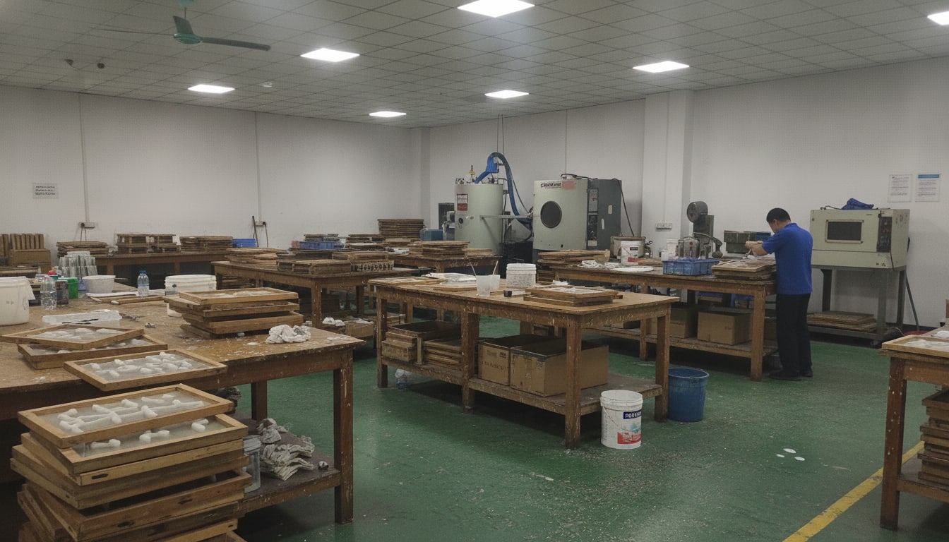 Vacuum casting workshop with silicone molds and a casting chamber