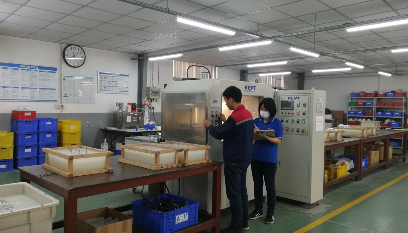 Vacuum casting machine beside two-part silicone molds
