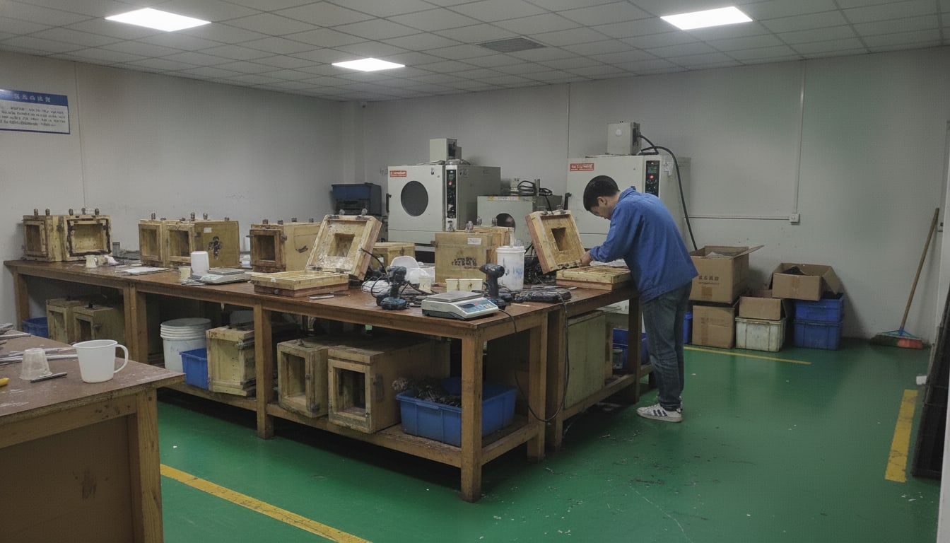 Cast polyurethane parts at a finishing bench