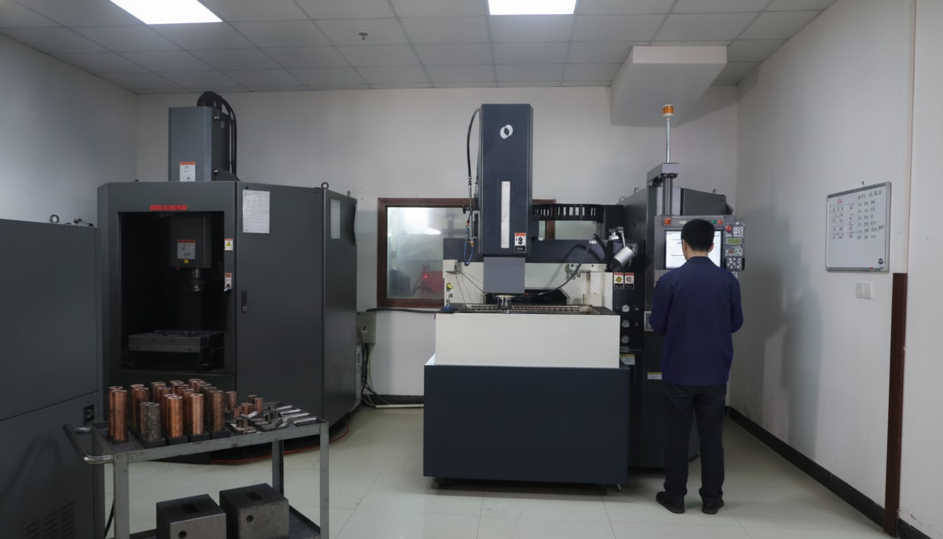 Sinker EDM machines cutting hardened steel mold cavities in the tool room
