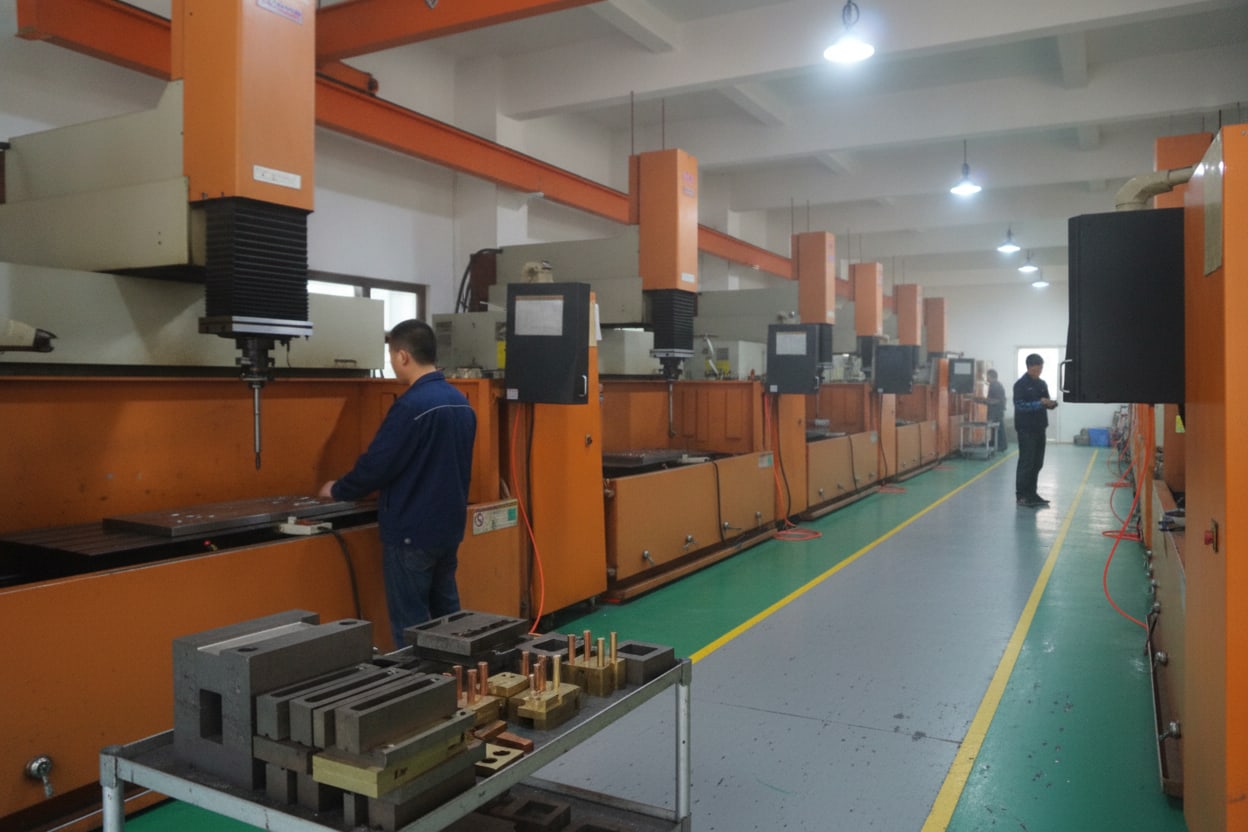 Mold-making workshop with rows of EDM machines under an overhead crane