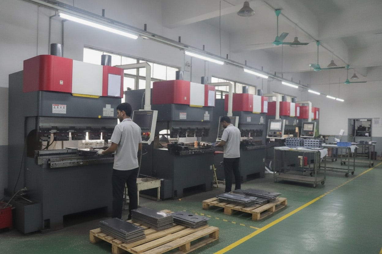 CNC press brakes forming sheet-metal parts, with finished parts stacked on pallets