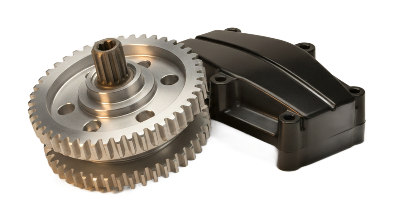 Precision CNC-machined gear assembly and injection-molded part