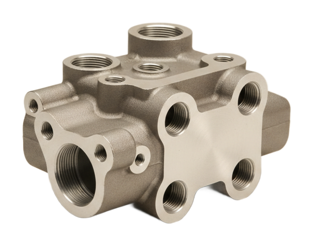 Machined aluminum automotive coolant manifold