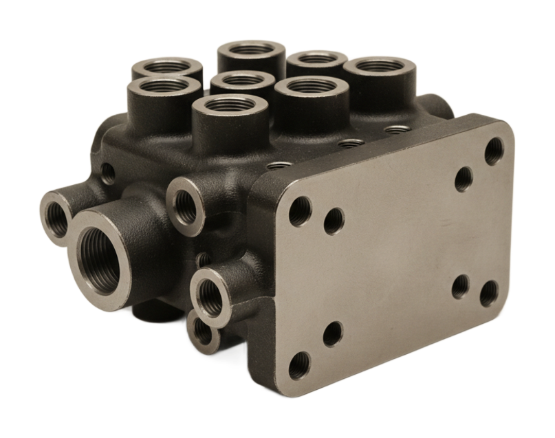 Machined steel industrial hydraulic manifold