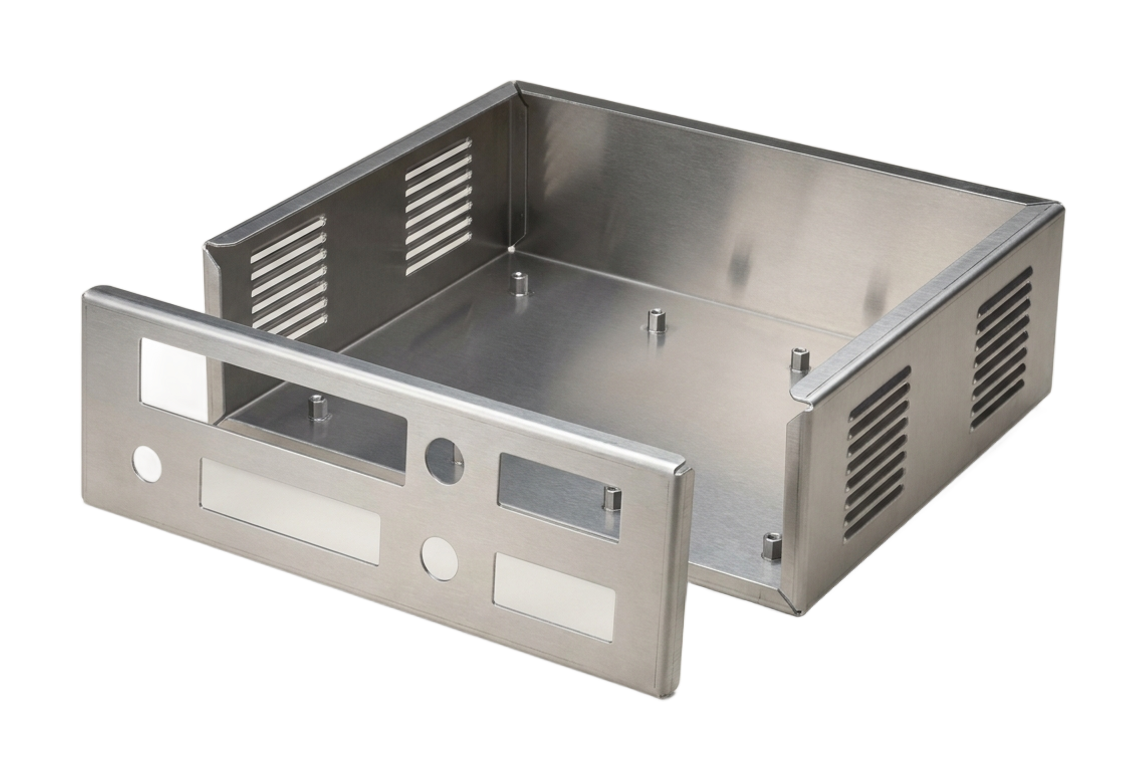 Folded aluminum benchtop instrument chassis with front panel