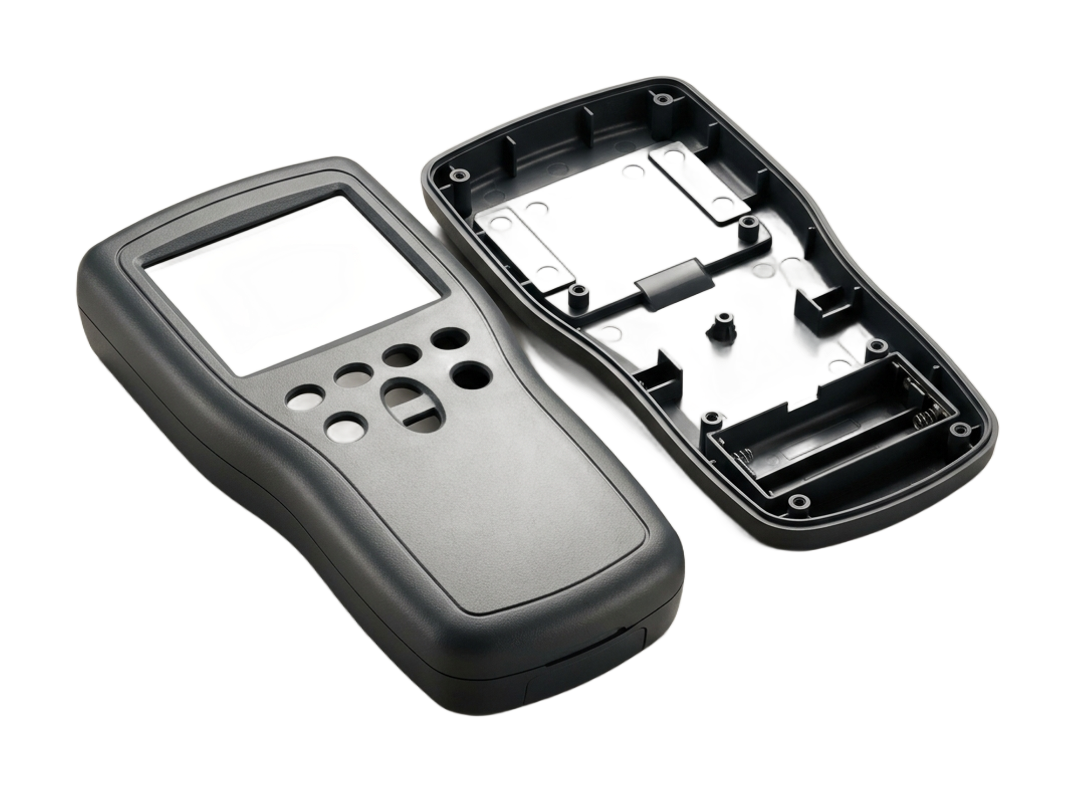 Two-piece injection-molded handheld meter housing